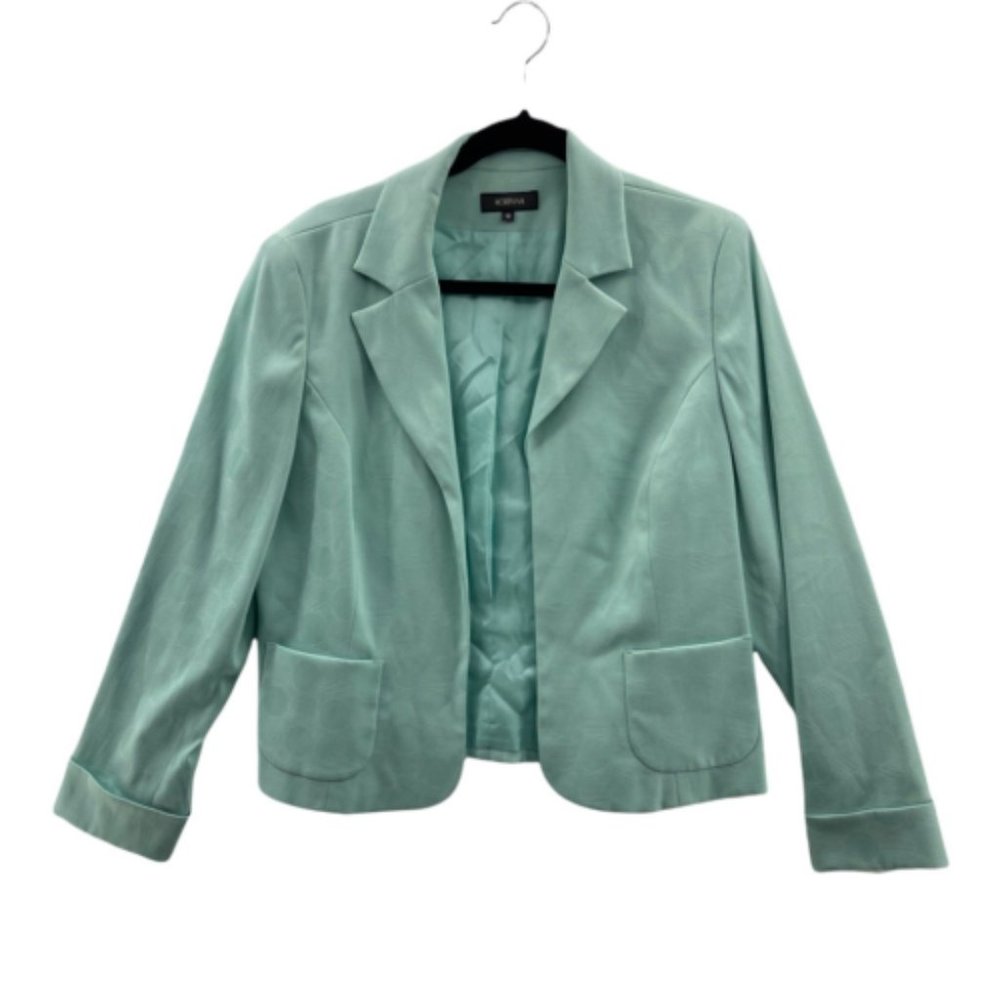 Korinna Womens Suit Jacket Blazer Green Textured Stretch Open Front Short 12